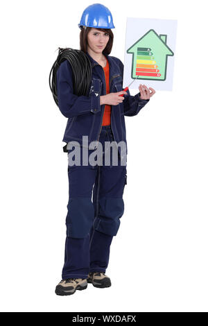 Ouvrier femme holding energy rating sign Banque D'Images