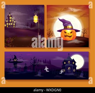 Les cartes avec des scènes d'halloween Illustration de Vecteur