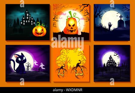 Les cartes avec des scènes d'halloween Illustration de Vecteur