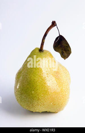 Poire juteuse mûrs couverts par les gouttes d'eau. L'isolement sur le blanc, ne peu profondes. Banque D'Images