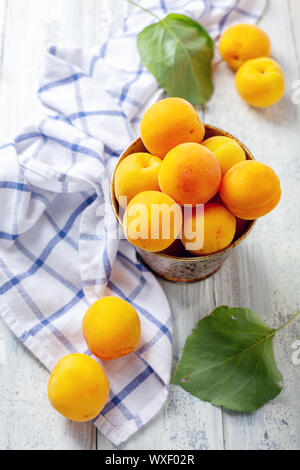 Abricots juteux organique dans un vieux seau. Banque D'Images