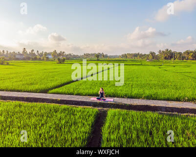 Jeune femme pratiquer le yoga en plein air les champs de riz le matin au cours de retraite bien-être à Bali. Vue depuis le bourdon Banque D'Images