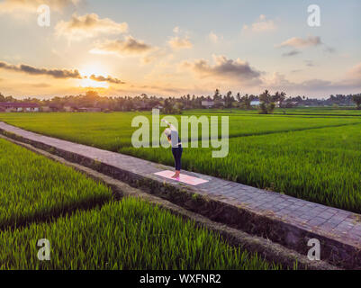 Jeune femme pratiquer le yoga en plein air les champs de riz le matin au cours de retraite bien-être à Bali. Vue depuis le bourdon Banque D'Images