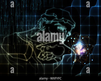 Arrangement de fractal grid, croquis de penseur de Rodin et de l'abrégé atome sur l'objet de la science et de l'éducation Banque D'Images