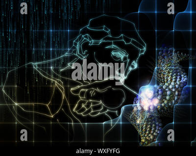 Arrangement de fractal grid, croquis de penseur de Rodin et de l'abrégé des molécules ADN sur le sujet de la science et de l'éducation Banque D'Images