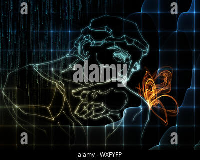 Arrangement de fractal grid, croquis de penseur de Rodin et de l'abrégé papillon sur le sujet de la science et de l'éducation Banque D'Images