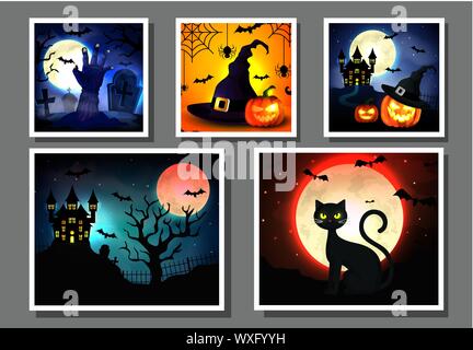 Les cartes avec des scènes d'halloween Illustration de Vecteur