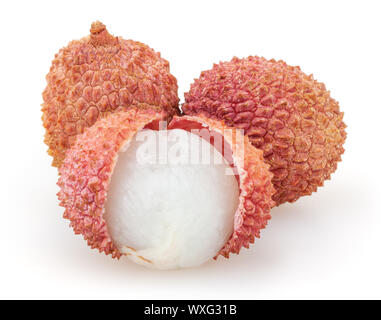 Trois litchis isolé sur fond blanc Banque D'Images