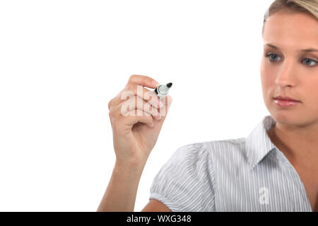 Blond woman holding feutre Banque D'Images