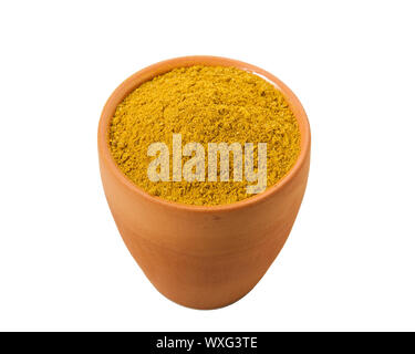 Poudre de curcuma isolées sur fond blanc. Vue de dessus. Mise à plat. Banque D'Images