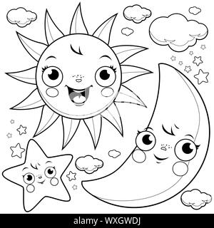 Cute le soleil, la lune, les étoiles et les nuages. Le noir et blanc à colorier l'illustration Banque D'Images