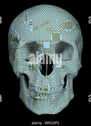 Crâne humain avec la carte de circuit imprimé motif isolé sur fond noir Banque D'Images