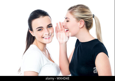 Deux belles filles souriant le partage d'un secret Banque D'Images