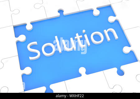 Puzzle avec des mots sur fond bleu : Solution concept Banque D'Images