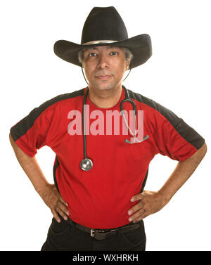 Serious mature doctor in cowboy hat et stethescope Banque D'Images