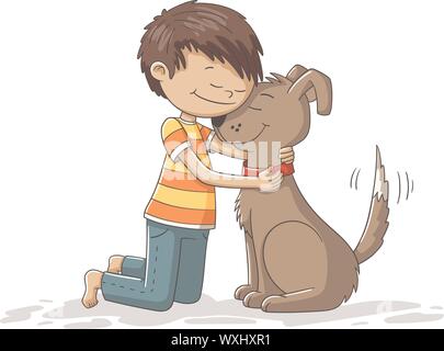 Garçon et le chien s'embrassent. Hand drawn vector illustration. Illustration de Vecteur