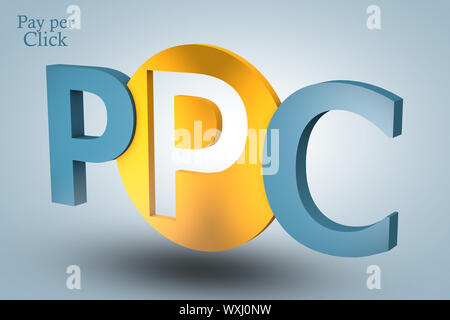 Concept acronyme : PPC pour payer par clic sur fond bleu Banque D'Images