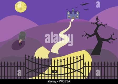 Illustration Vecteur de fond avec halloween maison hantée, pierre tombale, de la lune et de la cour. Illustration de Vecteur