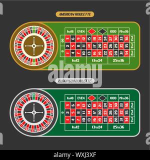 Image Vecteur de table de la Roulette : la roulette américaine avec double zéro, top view roulette française, européenne ou le tableau avec des roues d'isolated on black backgroun Illustration de Vecteur