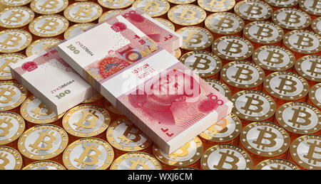 Les Bitcoins en or et Yuan (monnaie chinoise) - Le Rendu 3D Banque D'Images