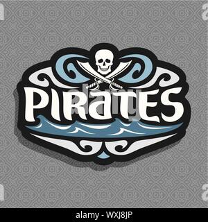 Logo Vector pour les pirates, le crâne et épées croisées et vagues sur la mer transparente gris motif. Illustration de Vecteur