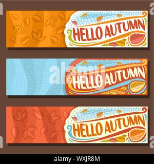 Vector set de bannières horizontales pour l'automne Saison : 3 modèles avec les feuilles qui tombent, la pluie automne modèle avec texte - bonjour l'automne, les dépliants avec les précipitations d Illustration de Vecteur