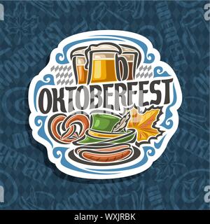 Logo vectoriel pour l'Oktoberfest sur motif arlequin bleu : la bière Pilsner dans 3 tasse en verre, lettrage - Oktoberfest, bretzel et chapeau vert pour octobre fest, m Illustration de Vecteur