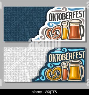 Les bannières horizontales de vecteur pour l'Oktoberfest : 2 billets d'inviter sur fest party sur bleu et gris texture background, lettrage - Oktoberfest bavarois, mawy Illustration de Vecteur