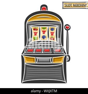 Illustration Vecteur de machine à sous : logo du jeu rétro un bandit armé, sur le tambour de la chance et de fruits 777 symboles, vintage gamble machine à sous avec re Illustration de Vecteur