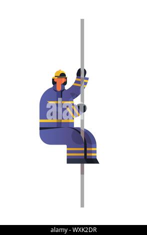 Pompier courageux glissant sur le pôle de caserne de pompier en uniforme et un casque de pompier de service d'urgence d'éteindre le feu concept Illustration de Vecteur