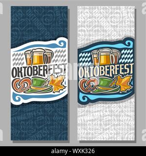 Bannières verticales vecteur pour l'Oktoberfest : inviter 2 ticket sur fest party sur fond bleu et gris rhombus, lettrage - Oktoberfest, bretzel bavarois, Illustration de Vecteur