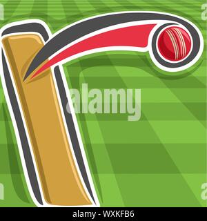Vector affiche pour le sport : Cricket bat de frapper une boule rouge sur vert herbe à carreaux tendance. Illustration de Vecteur