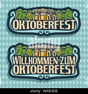 Logo vectoriel pour l'Oktoberfest sur blue diamond contexte : la bière dans 3 tasses, le lettrage - la bière, le houblon vert feuilles, texte - Willkommen zum oktoberfest, Illustration de Vecteur