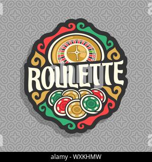 Logo Vector pour la Roulette gamble : roue de roulette américaine avec double zéro, tas de jetons de jeu, la roulette - texte gris sur le modèle homogène. Illustration de Vecteur