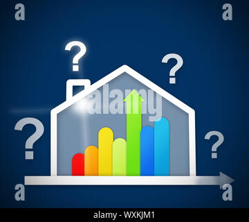 Point d'interrogation au-dessus de maison économe en énergie sur un fond bleu graphiques Banque D'Images