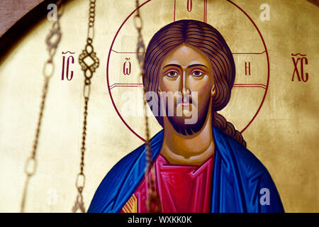 Icône du Christ Pantocrator (le Christ "tout puissant" ou "tout-puissant" ou "tout-puissant" ou "ustainer du monde"). Couvent de la Sainte Trinité Banque D'Images