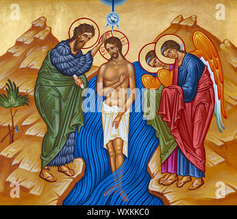 L'icône du Baptême du Christ - la Théophanie, également appelée Epiphanie. Chapelle du couvent de la Sainte Trinité de Lomnica. Banque D'Images