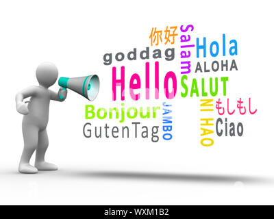 La figure blanche révélant bonjour dans différentes langues avec un mégaphone sur fond blanc Banque D'Images