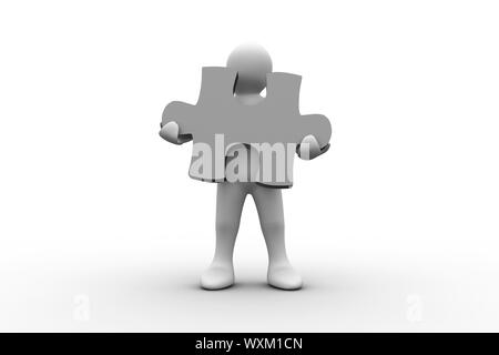 La représentation humaine blanc holding jigsaw puzzle sur fond blanc Banque D'Images