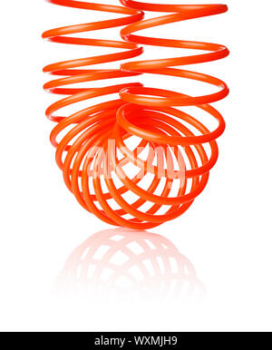 Spirale rouge fine orange flexible d'air utilisé pour outils pneumatiques, isolé sur blanc avec ombre naturelle. Banque D'Images