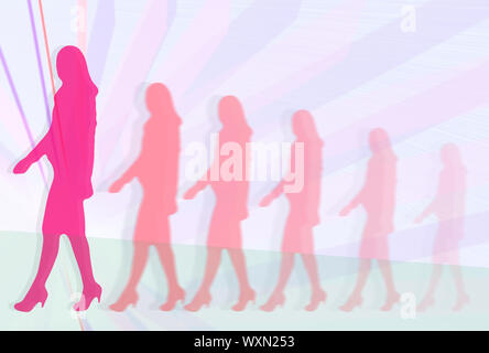Femme de carrière. Silhouettes de femmes d'affaires en costumes walking in front of abstract background linéaire Banque D'Images