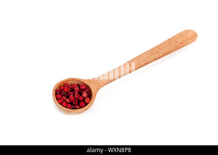 Le poivre rose ('Brésil Pepper', 'red') baies de Banksia dans une cuillère en bois isolé sur fond blanc Banque D'Images