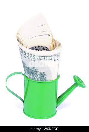 Conception de centaines de dollars de plus en Watering-Can vert isolé sur fond blanc Banque D'Images