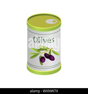 Les olives peuvent métallique avec étiquette de marque. Télévision isolés élément du vecteur pour la publicité d'un placard ou bannière. Vector illustration on white background isolés Illustration de Vecteur