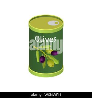 Les olives peuvent métallique avec étiquette de marque. Télévision isolés élément du vecteur pour la publicité d'un placard ou bannière. Vector illustration on white background isolés Illustration de Vecteur