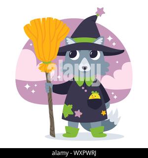 Sorcier wolf mignon avec un poulet dans sa poche, dans le chapeau de sorcière et avec le balai de sorcière. Adorable sorcière. Happy Halloween illustration. Octobre Illustration de Vecteur