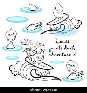 Illustration avec l'art de la ligne noire thème Aventure, mermaid canard, l'aileron de requin, crocodile et de surf. Drôle et mignon pour le papier et le parfait design projets textiles. Illustration de Vecteur