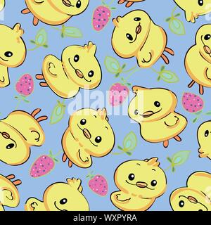 Schéma de répétition vecteur bleu avec du jaune d'inspiration kawaii cartoon le poulet. Le style comique japonais.Configuration de surface design. Parfait pour le papier et le textile projets. Porter bébé. Illustration de Vecteur