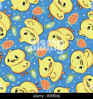 Schéma de répétition vecteur bleu avec du jaune d'inspiration kawaii cartoon le poulet. Le style comique japonais.Configuration de surface design. Parfait pour le papier et le textile projets. Porter bébé. Illustration de Vecteur