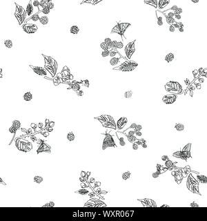 Blanc de répétition avec ligne noire papillon, art, fleurs et feuilles de style doodle. Contexte moderne. Illustration de Vecteur